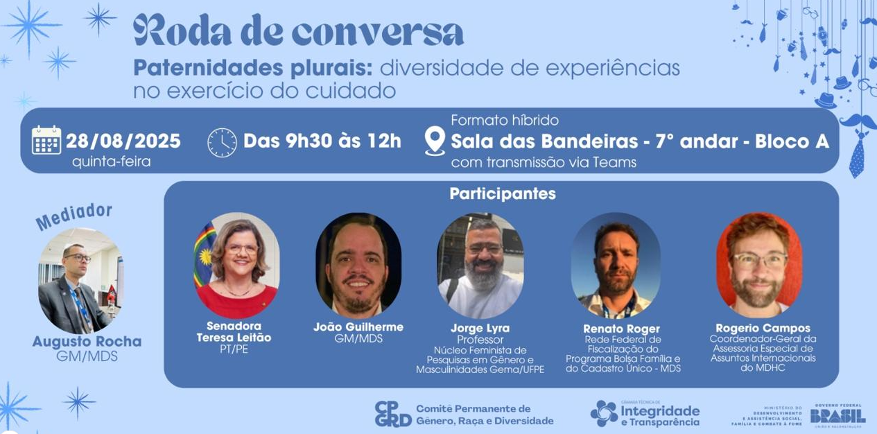 Ministério do Desenvolvimento Social e Combate à Fome promove roda de conversa sobre paternidades plurais e exercício do cuidado.